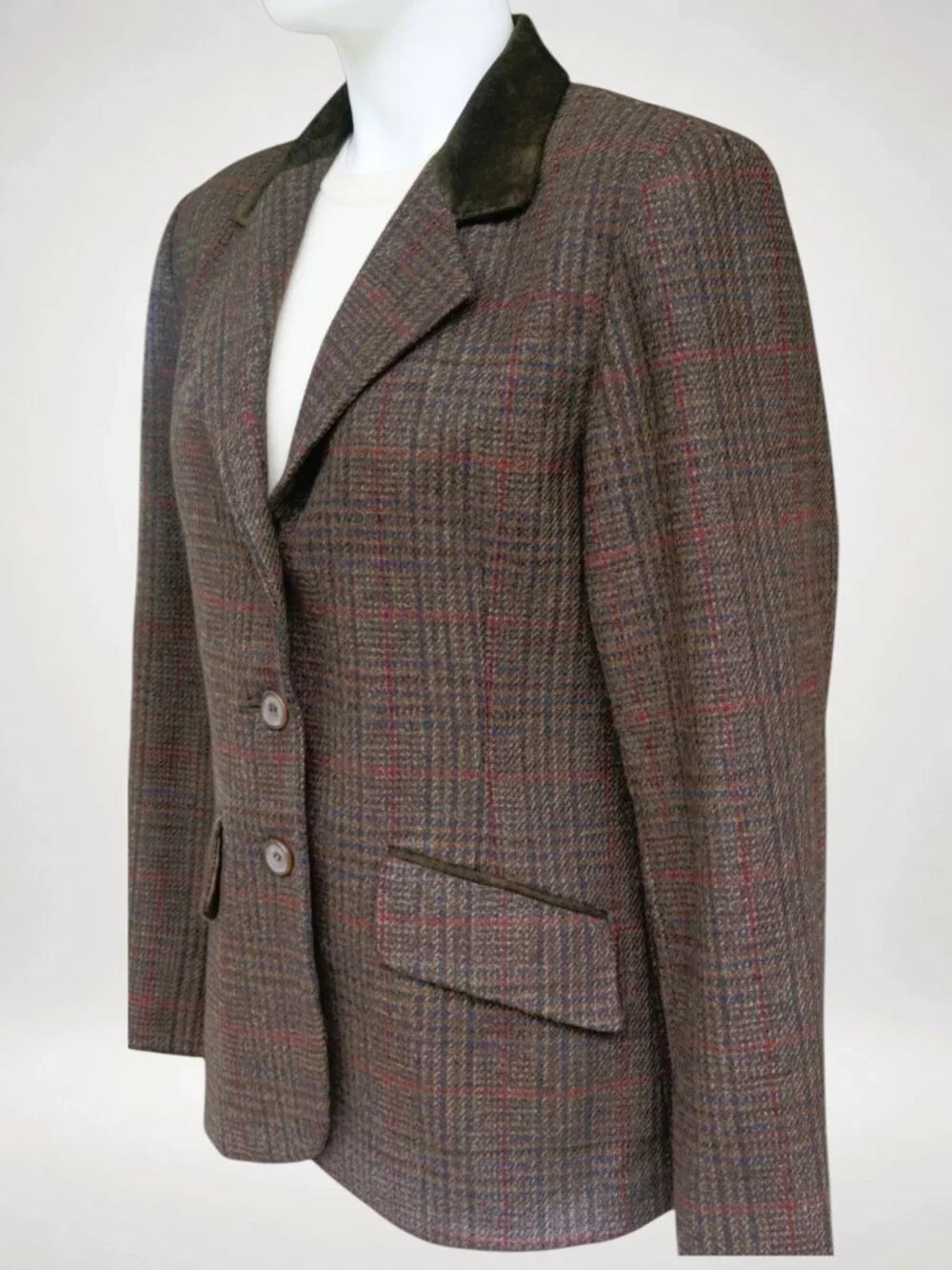 Vintage Wool Plaid Blazer Suede Trim Jacket Women 12 Made in Russia